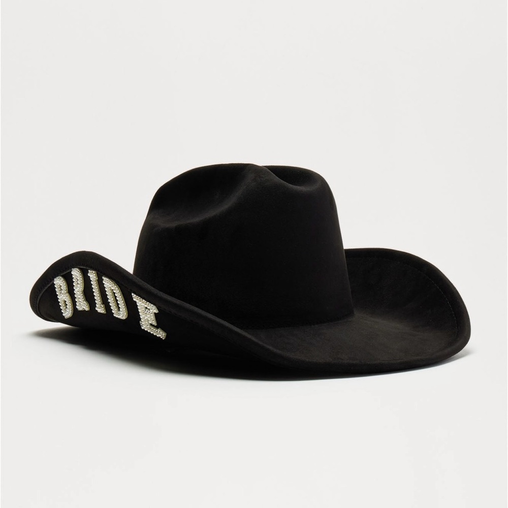 Black Faux Suede White Bling Beaded Rhinestone Bride Statement Cowgirl Hat - Picture 6 of 6